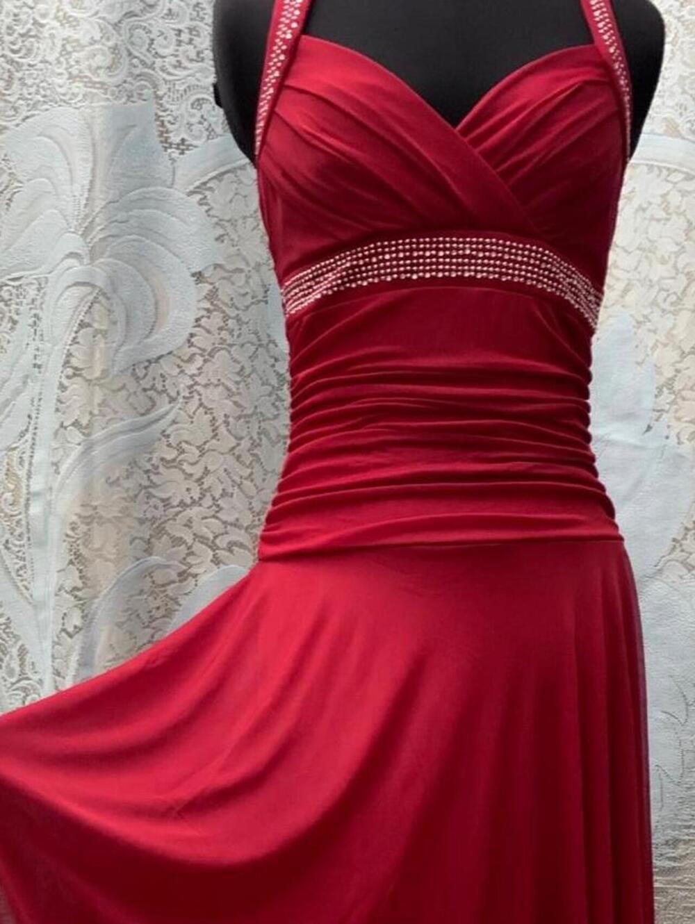 Y2K Old Hollywood Trixxi Ruby Red Rhinestone Halter Maxi Dress